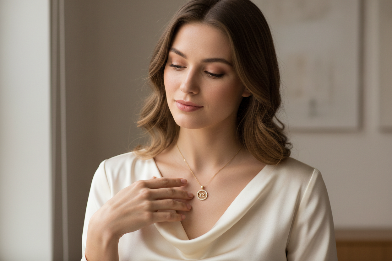Woman wearing zodiac constellation necklace